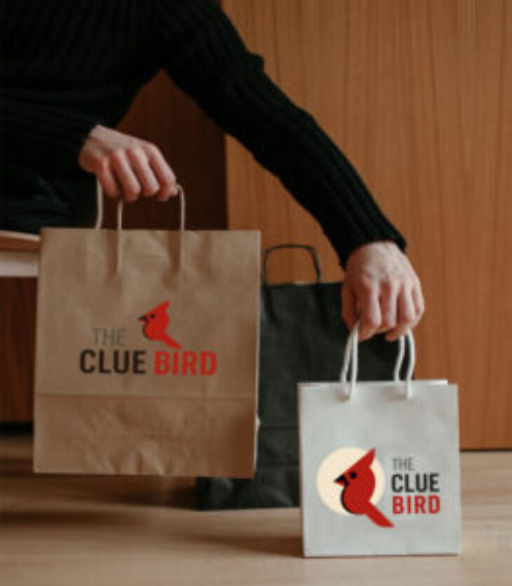 Person holding two shopping bags branded with The Clue Bird logo—one brown kraft and one white—with a red cardinal design, symbolizing the brand’s bookstore and gift merchandise.